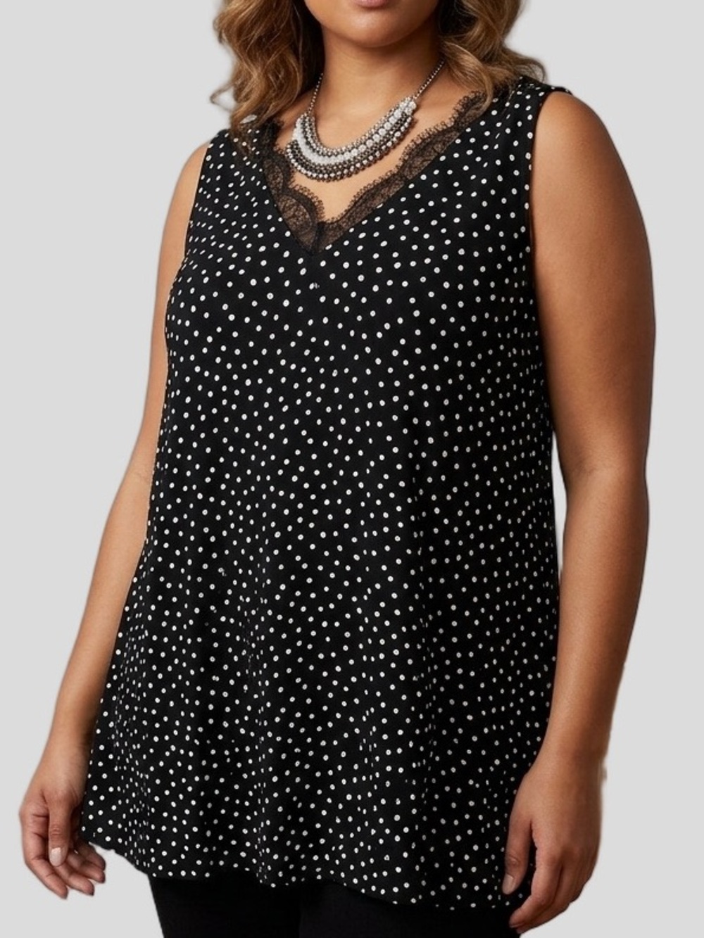 NWT PENNINGTONS ECO COSY Black Stretch Polka Dot Tank Top with Lace Edging size